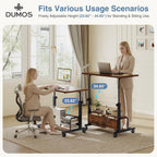 31.5 Manual Standing Desk, Height Adjustable Mobile Computer Desk with Lockable Wheels & 2-Tier Storage, Rolling Laptop Table for Small Spaces & Home Office, Rustic Brown