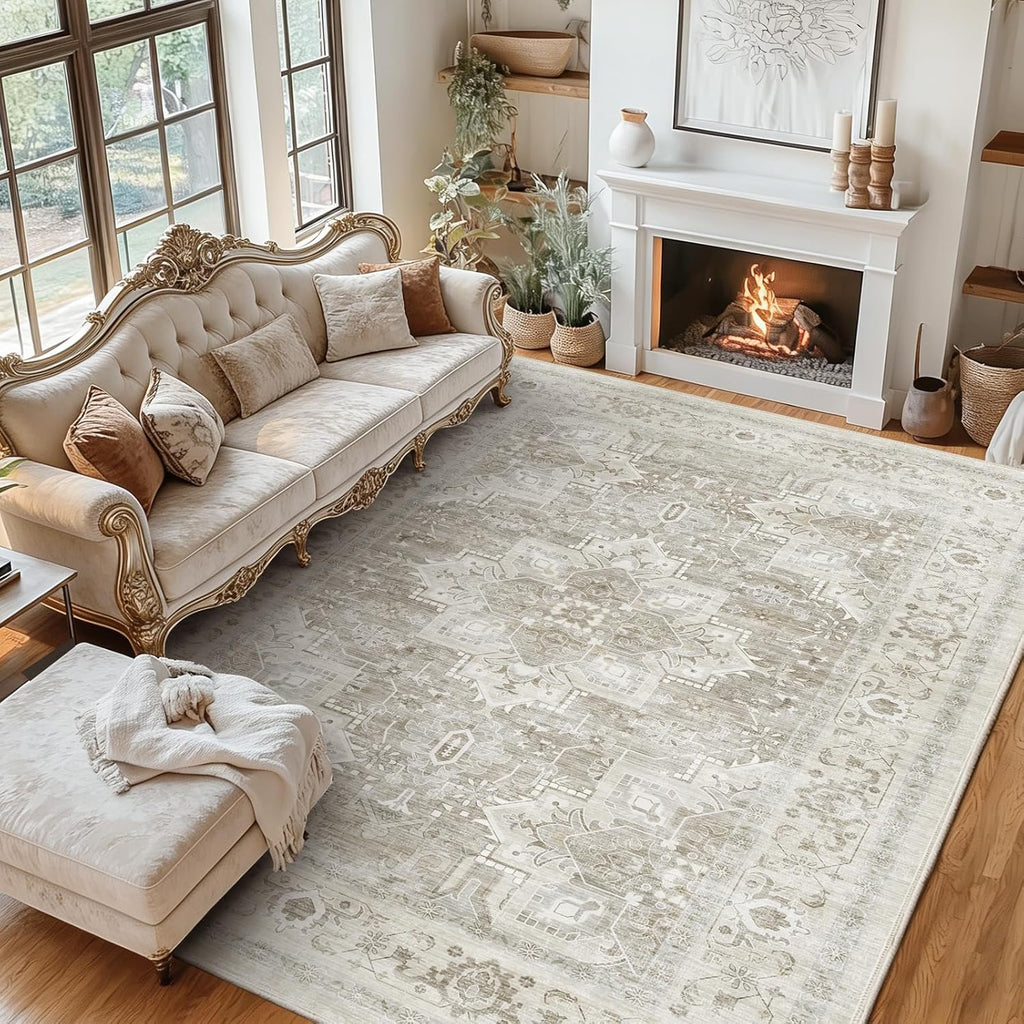 8x10 FT Large Area Rug for Living Room, Machine Washable Low-Pile Rug with Non-Slip Backing, Durable Edge Binding for Bedroom, Dining Room, Vintage Style, Beige