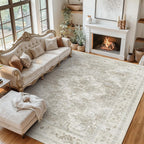 8x10 FT Large Area Rug for Living Room, Machine Washable Low-Pile Rug with Non-Slip Backing, Durable Edge Binding for Bedroom, Dining Room, Vintage Style, Beige