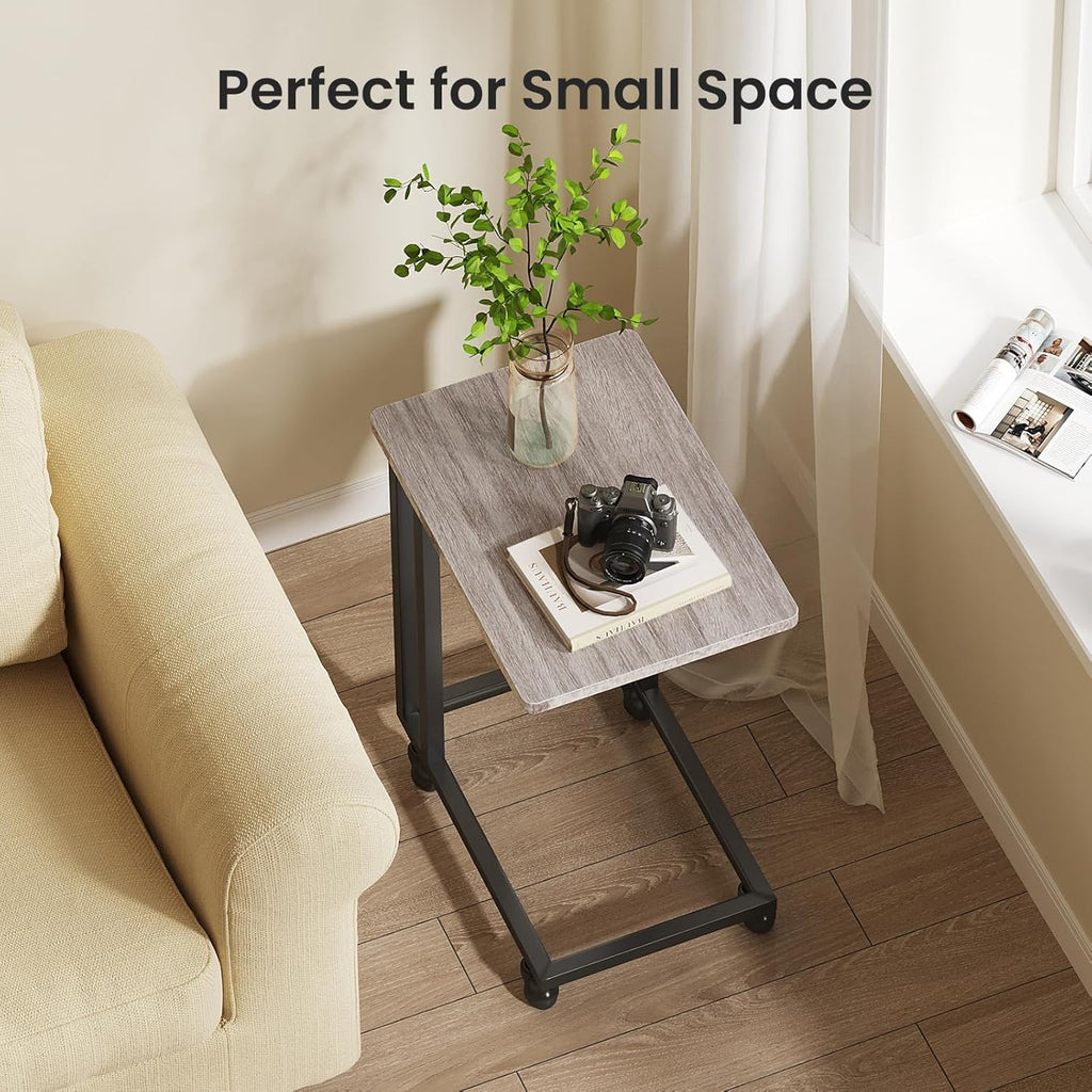 C Tables Counch That Slide Under Set of 2, Bed Side Table Tray Sofa Portable Rolling with Wheels Metal Frame, Wood Stand for Living Room Entryway Small Space Bedroom, Grey
