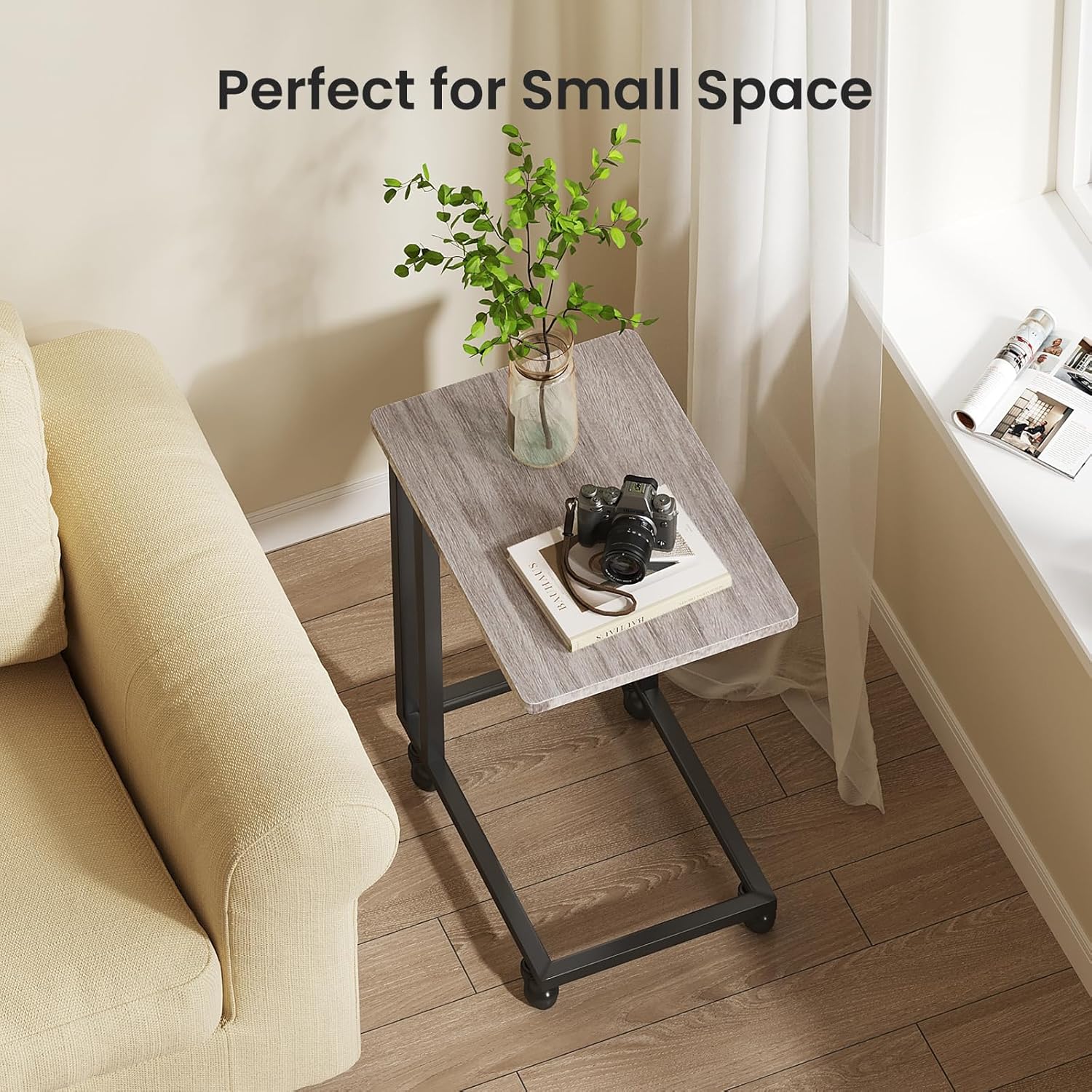 C Tables Counch That Slide Under Set of 2, Bed Side Table Tray Sofa Portable Rolling with Wheels Metal Frame, Wood Stand for Living Room Entryway Small Space Bedroom, Grey