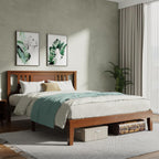 Queen Size Wood Bed Frame with Headboard, Solid Natural Wooden Platform Bed Base, Heavy Duty Slat Support Mattress Foundation, No Box Spring Needed, Low-Profile Design