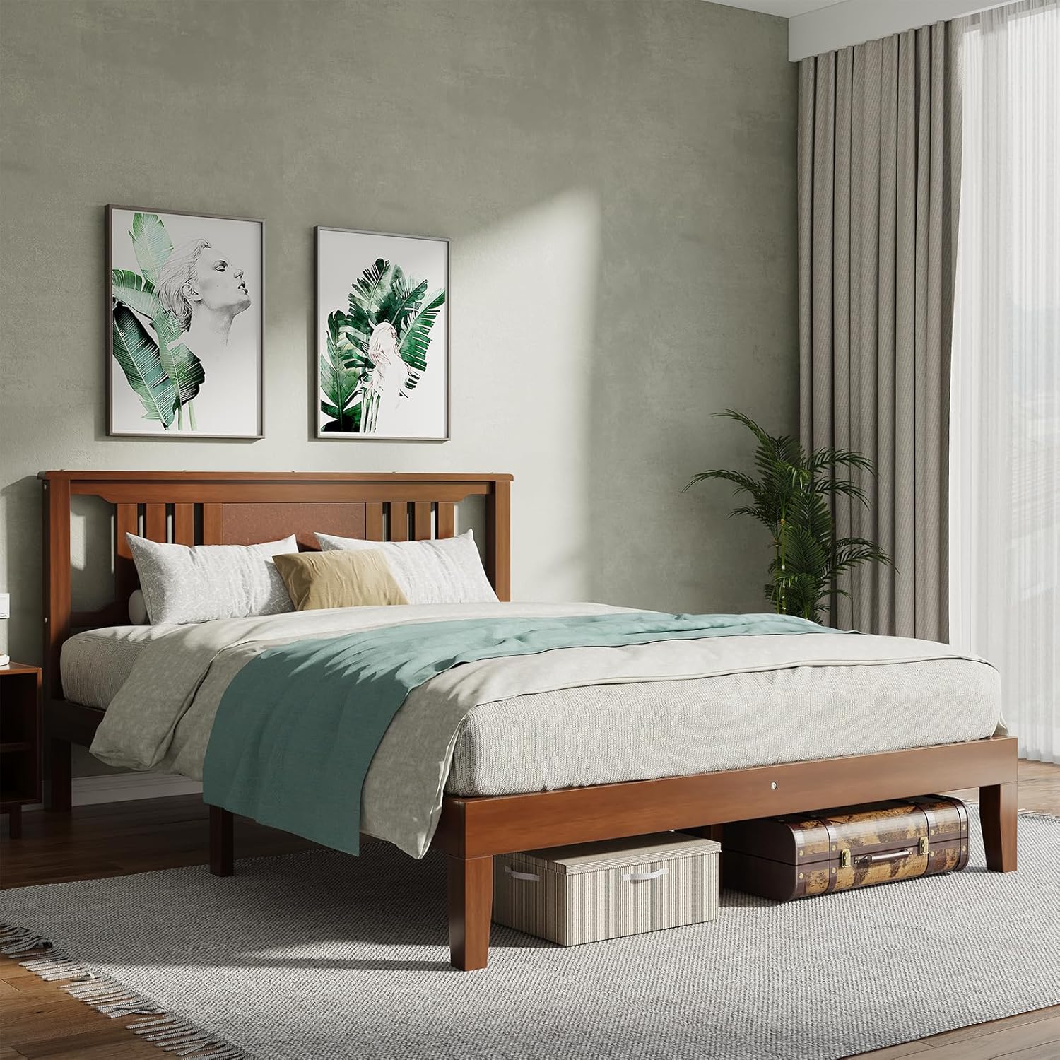 Queen Size Wood Bed Frame with Headboard, Solid Natural Wooden Platform Bed Base, Heavy Duty Slat Support Mattress Foundation, No Box Spring Needed, Low-Profile Design