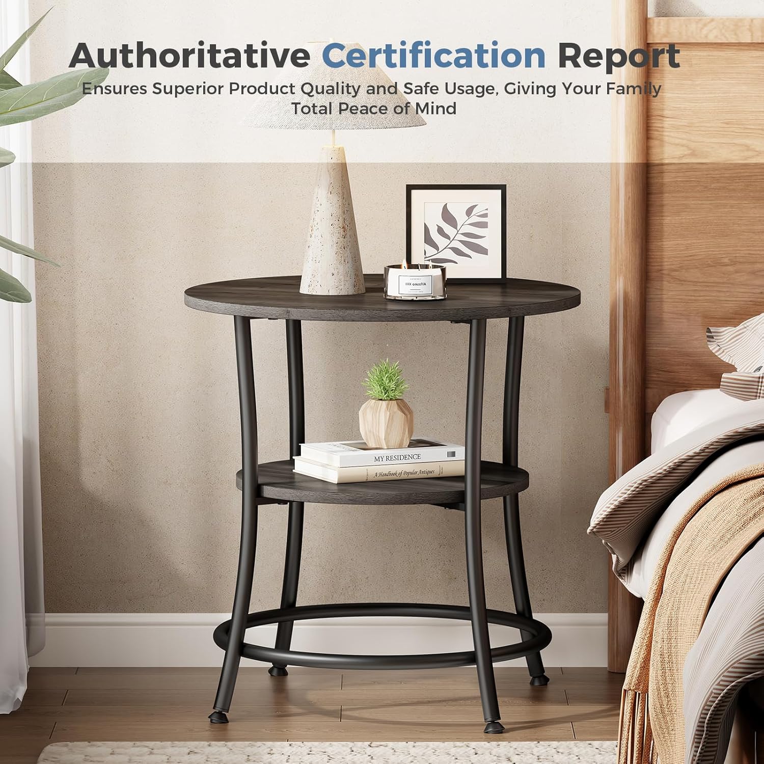 Side Round Table for Living Room, 2-Tier Accent End Table with Storage Shelf,Sturdy Metal Frame Nightstand for Small Space, Round Bedside, Grey Wood Grain