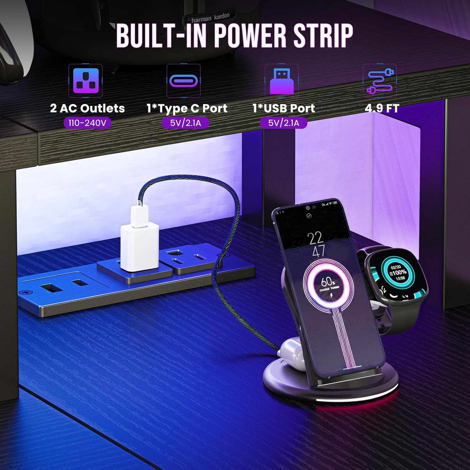 47?? Gaming Desk with USB Charging Ports & LED Lights, Reversible L Shaped Desks Computer Corner Gamer Table with Power Outlets Monitor Stand Storage Shelves for Home Office Small Space, Black