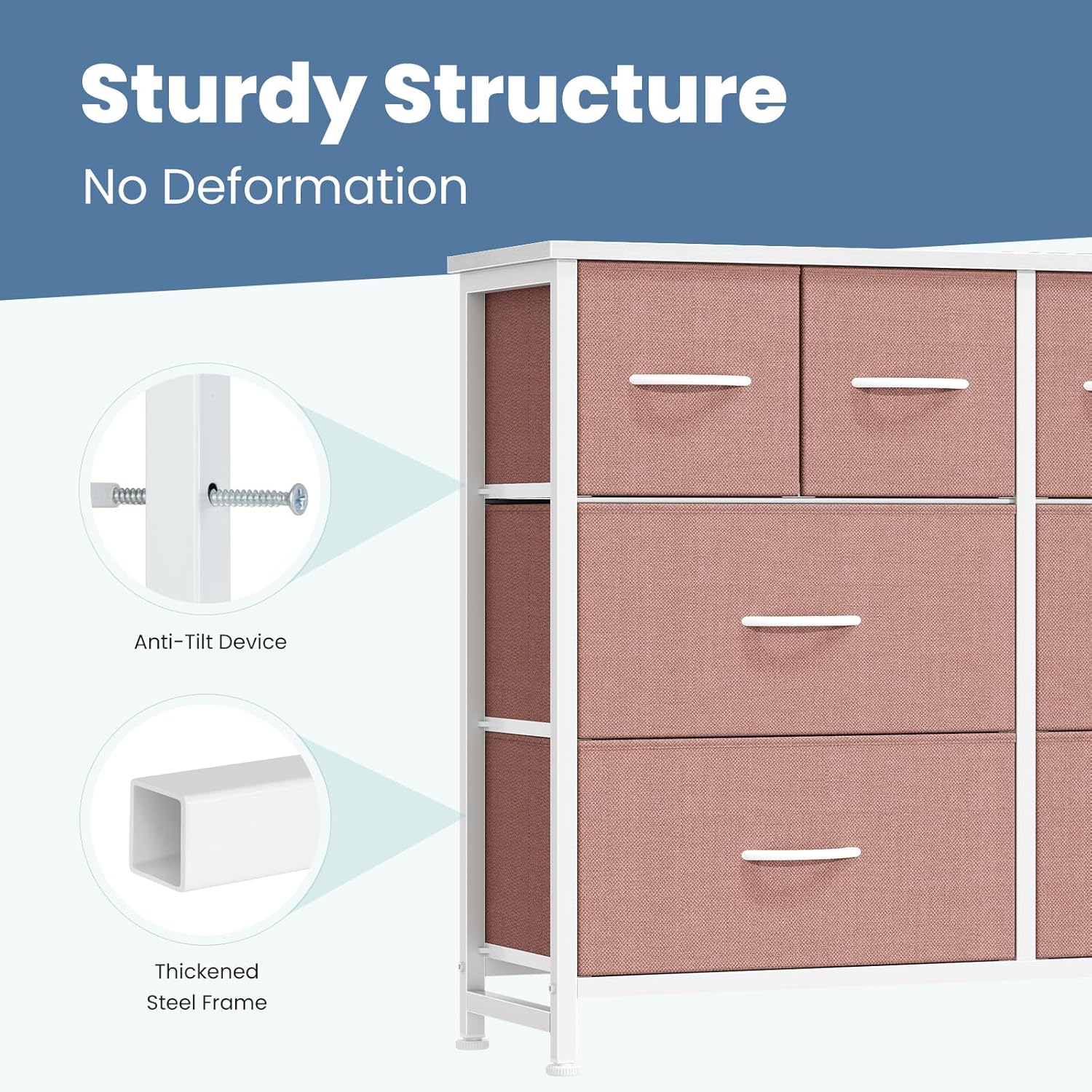 TV Stand, Dresser with 8 Fabric Drawers, Spacious Storage Tower for Closet, TV Stand with Wood Top and Mental Frame, Storage Unit for Living Rooms, Bedroom and Entryway, Pink