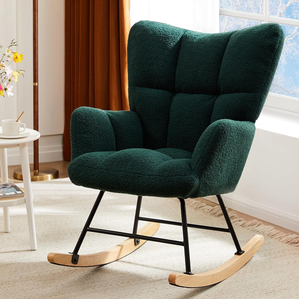 Nursery Rocking Chair Teddy Upholstered, Comfy Glider Rocker with High Backrest Armchair Padded Seat, Accent Side Chair for Living Room Bedroom Offices Small Spaces Indoor, Pink