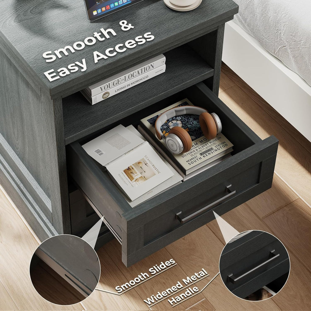 Nightstand with Charging Station, Wood Farmhouse Bedside Table with 2 Drawers and Open Shelf, Wood End Table, Modern Side Table for Bedroom, Black