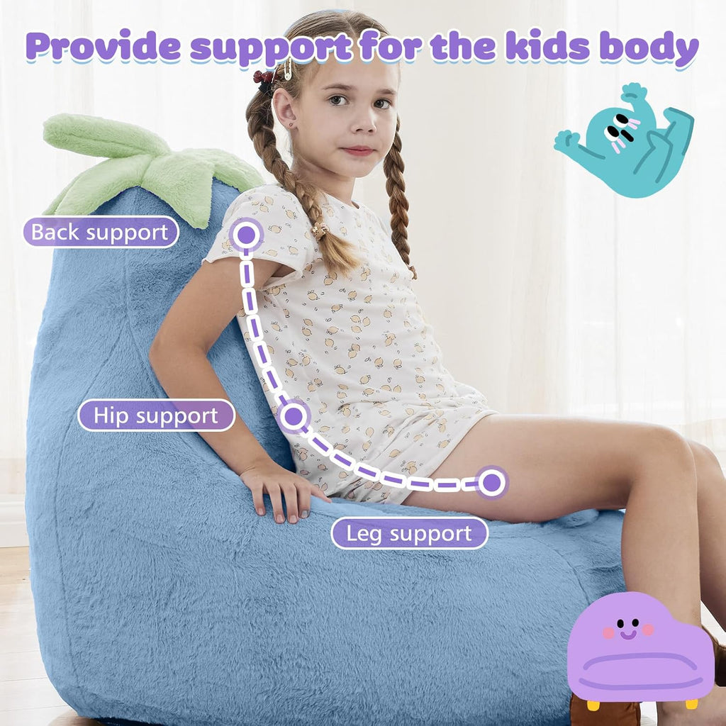 Kids Bean Bag Chair, Stuffed Toddler Couch with Faux Rabbit Fur Cover for Teens & Kids, Comfy Lazy Sofa Chair for Reader, Living Room, Bedroom, Aged 4-12 Years, 24 Inch, Blue
