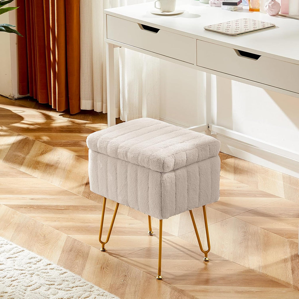 Vanity Stool Chair, Ottoman with Storage, Makeup Cute Soft Small Footstool, Modern Style Faux Fur Seat with 4 Metal Legs & Adjustable Feet for Dressing, Living Room Bedroom Dorm, Camel