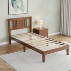 Twin Size Wood Bed Frame with Headboard, Solid Natural Wooden Platform Bed Base, Heavy Duty Slat Support Mattress Foundation, No Box Spring Needed, Low-Profile Design