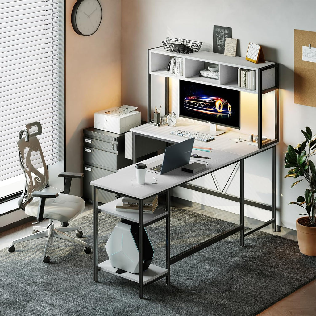 L Shaped Gaming Desk 67, Reversible Computer Desk with LED Lights, Corner Desk for Small Spaces with Keyboard Tray & Storage Shelf, Metal Frame PC Gaming Table for Home Office Bedroom, White