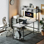 L Shaped Gaming Desk 67, Reversible Computer Desk with LED Lights, Corner Desk for Small Spaces with Keyboard Tray & Storage Shelf, Metal Frame PC Gaming Table for Home Office Bedroom, White
