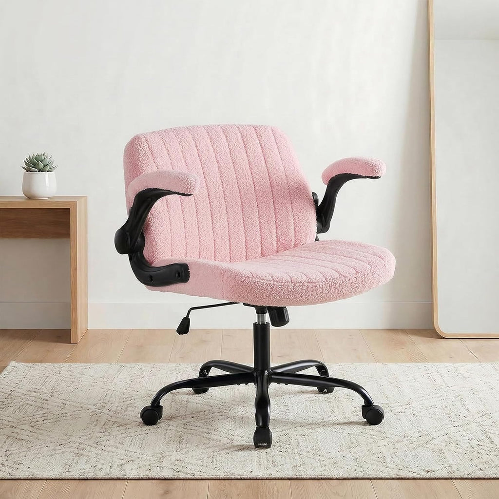 Criss Cross Office Chair with Wheels, Wide Cross Legged Desk Vanity Chair Comfy Fabric Flip-Arms Adjustable Swivel Chairs for Home Computer Bedroom, Teddy Pink