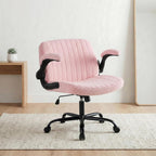 Criss Cross Office Chair with Wheels, Wide Cross Legged Desk Vanity Chair Comfy Fabric Flip-Arms Adjustable Swivel Chairs for Home Computer Bedroom, Teddy Pink