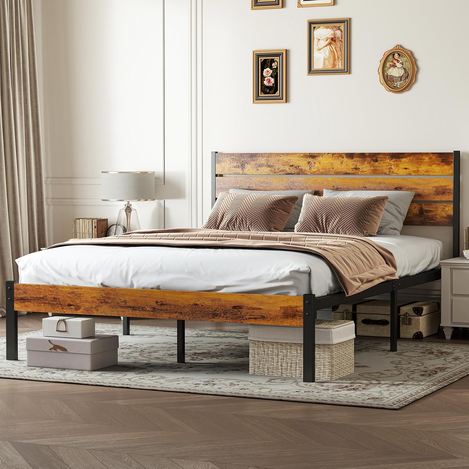 Queen Size Bed Frame with Headboard, 800LBS Mattress Foundation with All Sturdy Metal Support, Under Bed Storage, No Box Spring Needed, Easy Assembly, Rust Brown