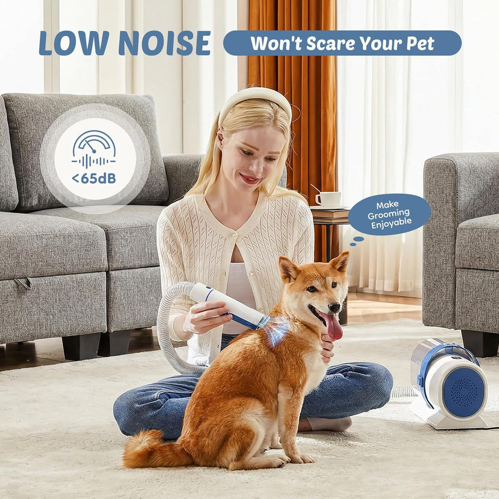 Pet Grooming Vacuum Kit 2.5L, 3 Adjustable Suction Modes Pet Clipper, 5 Professional Grooming Tools with Cordless Low Noise Dog & Cat Hair Clippers, Blue & White