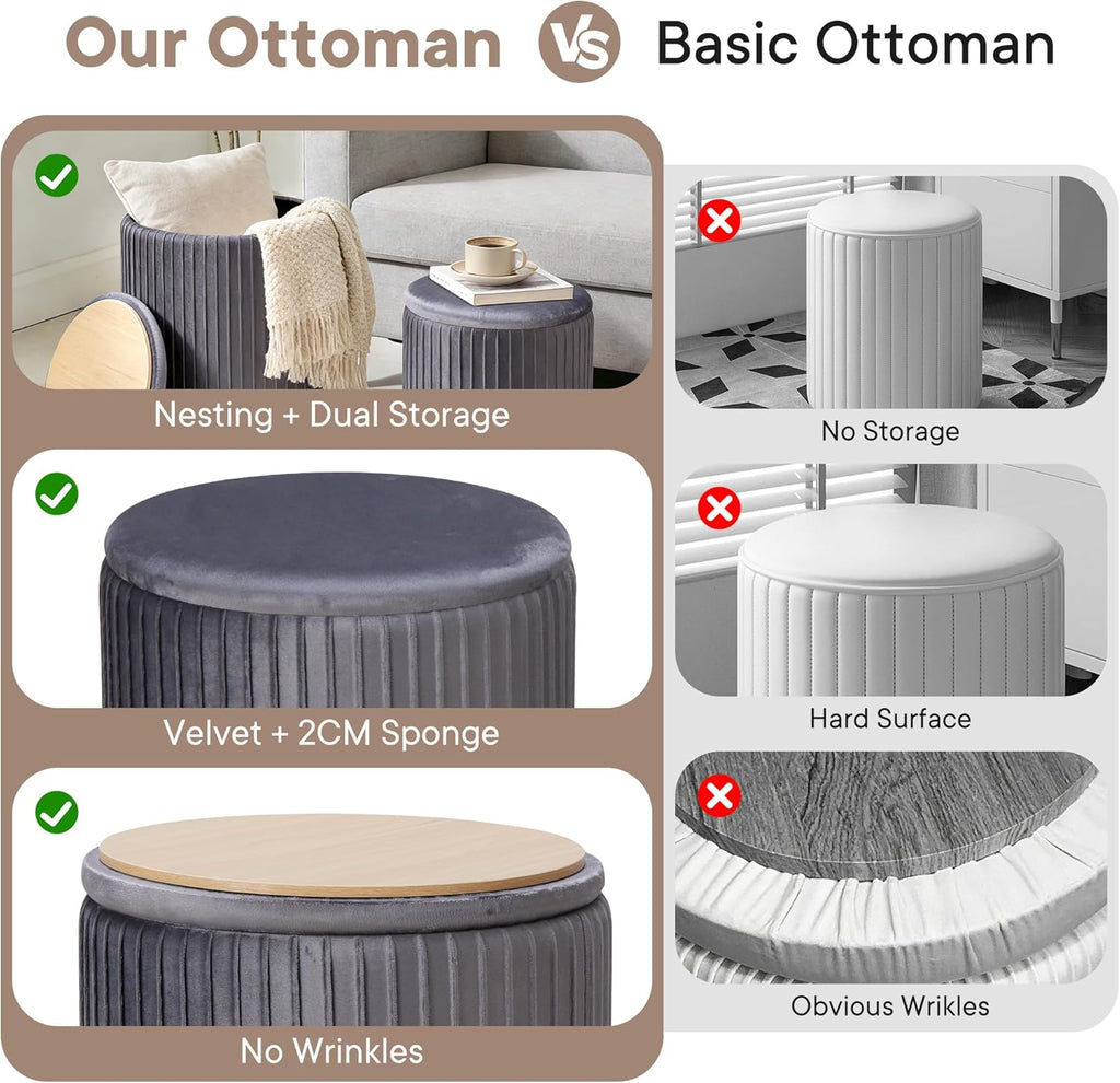 Round Ottoman with Storage Set of 2, Vanity Stool Chair with Storage, Makeup Cute Soft Small Footstool Modern Style Coffee Table, Small Velvet Foot Stool for Living Room Bedroom Dorm, Deep Grey