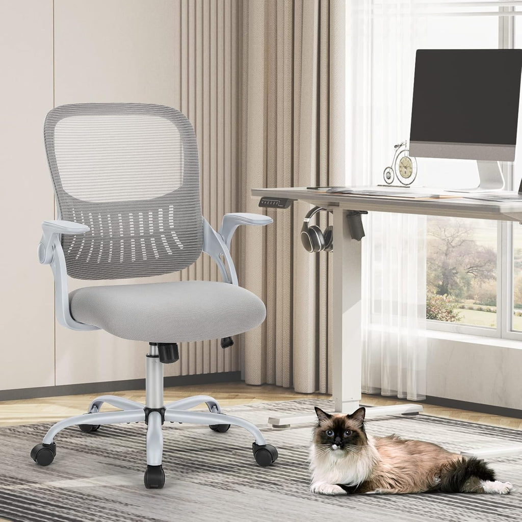 Home Office Managerial Executive Chair, Ergonomic Mesh Adjustable Swivel Mid-Back Chair with, Flip-up Arms, Comfortable Lumbar Support, Comfy Arms for Bedroom,Study,Student, Grey