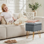 Vanity Stool Chair with Storage, 18.9??H x 16??L x 12.2??W Ottoman Chair Faux Fur Soft Padded Makeup Footstools Seat with 4 Metal Legs Anti-Slip Adjustable Feet for Make Up, Grey