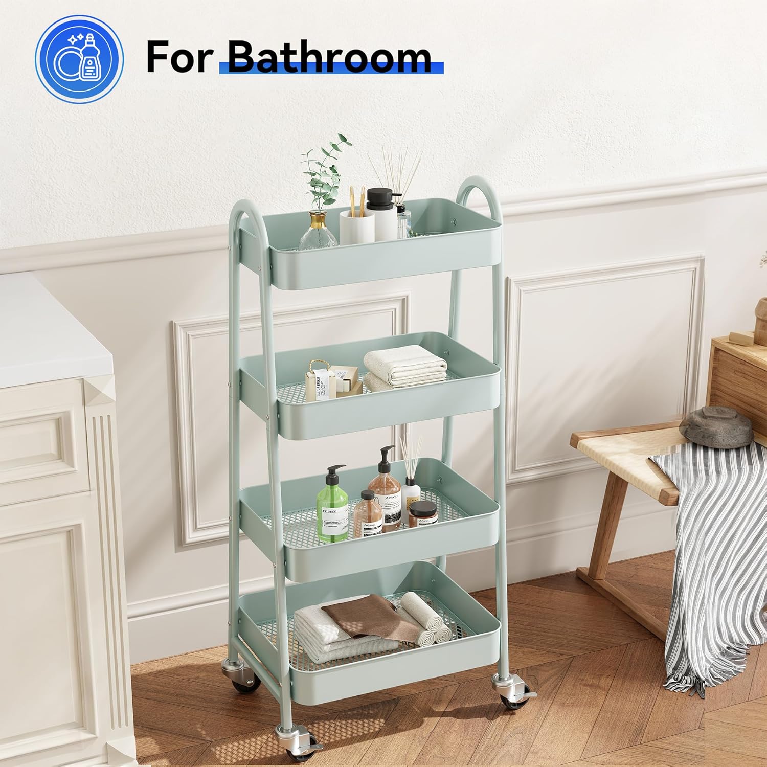 4-Tier Metal Rolling Cart with Lockable Wheels - Mobile Storage Organizer, Utility Shelving Unit for Kitchen, Office, Bathroom, Laundry, Narrow Places, Green