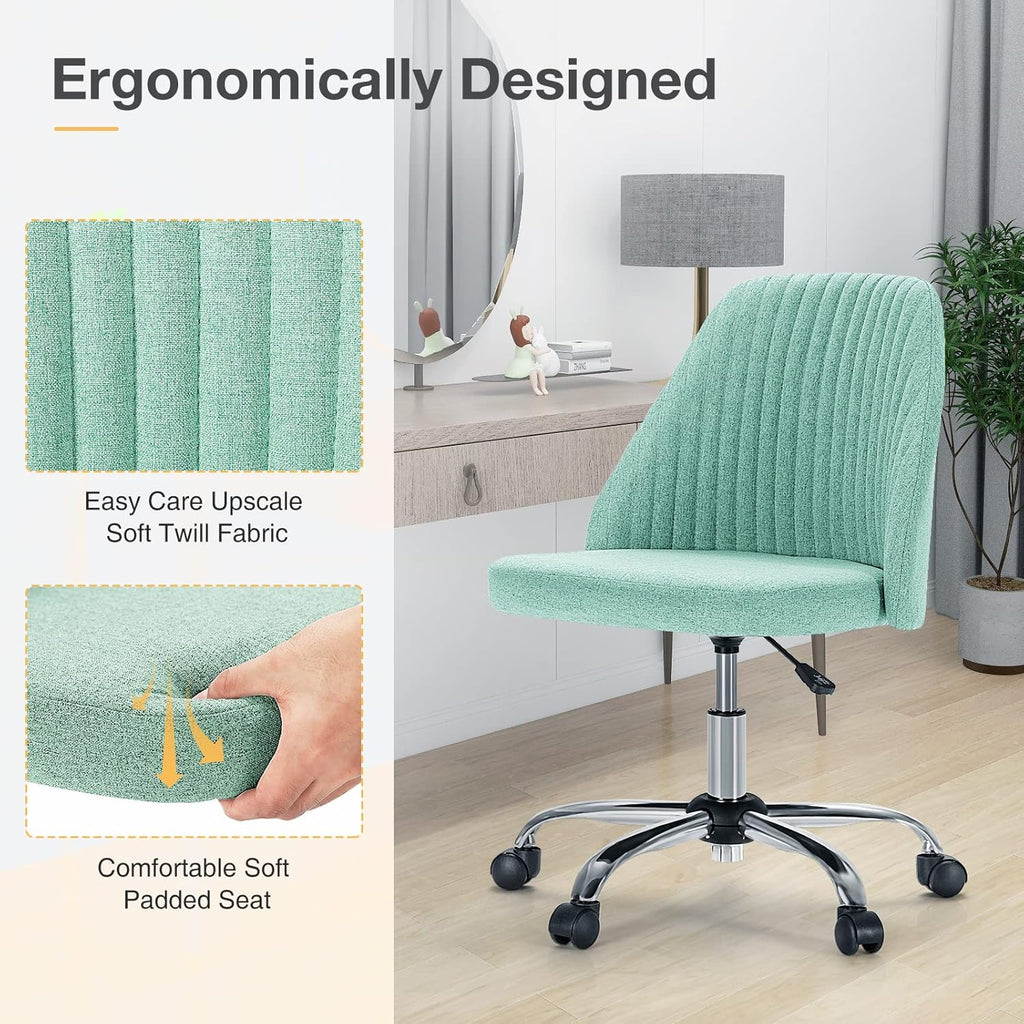 Armless Vanity Chair, Cute Comfy Home Office Desk Chair with Wheels, Modern Upholstered Task Computer Seat for Bedroom, Study, Makeup Vanity, Height Adjustable & Swivel, Mint
