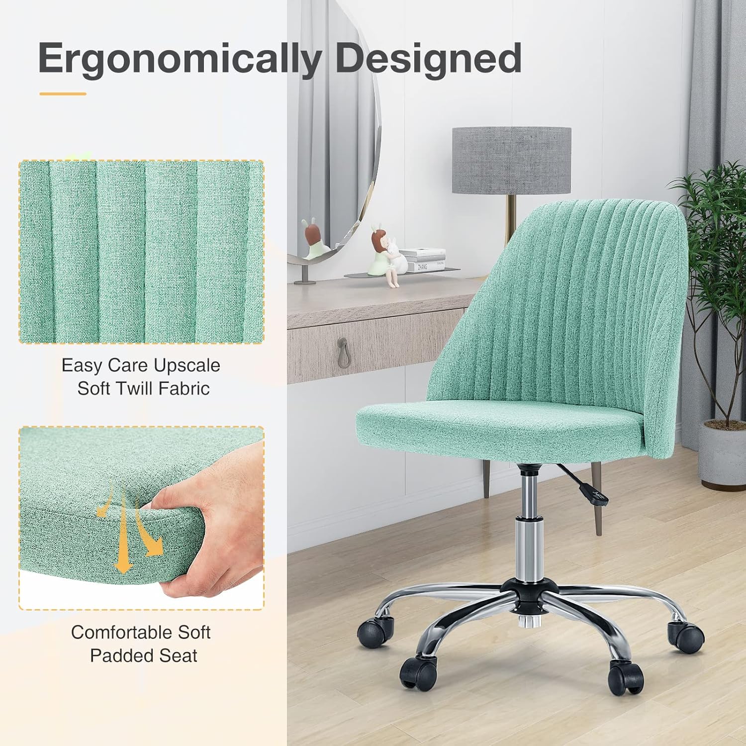 Armless Vanity Chair, Cute Comfy Home Office Desk Chair with Wheels, Modern Upholstered Task Computer Seat for Bedroom, Study, Makeup Vanity, Height Adjustable & Swivel, Mint
