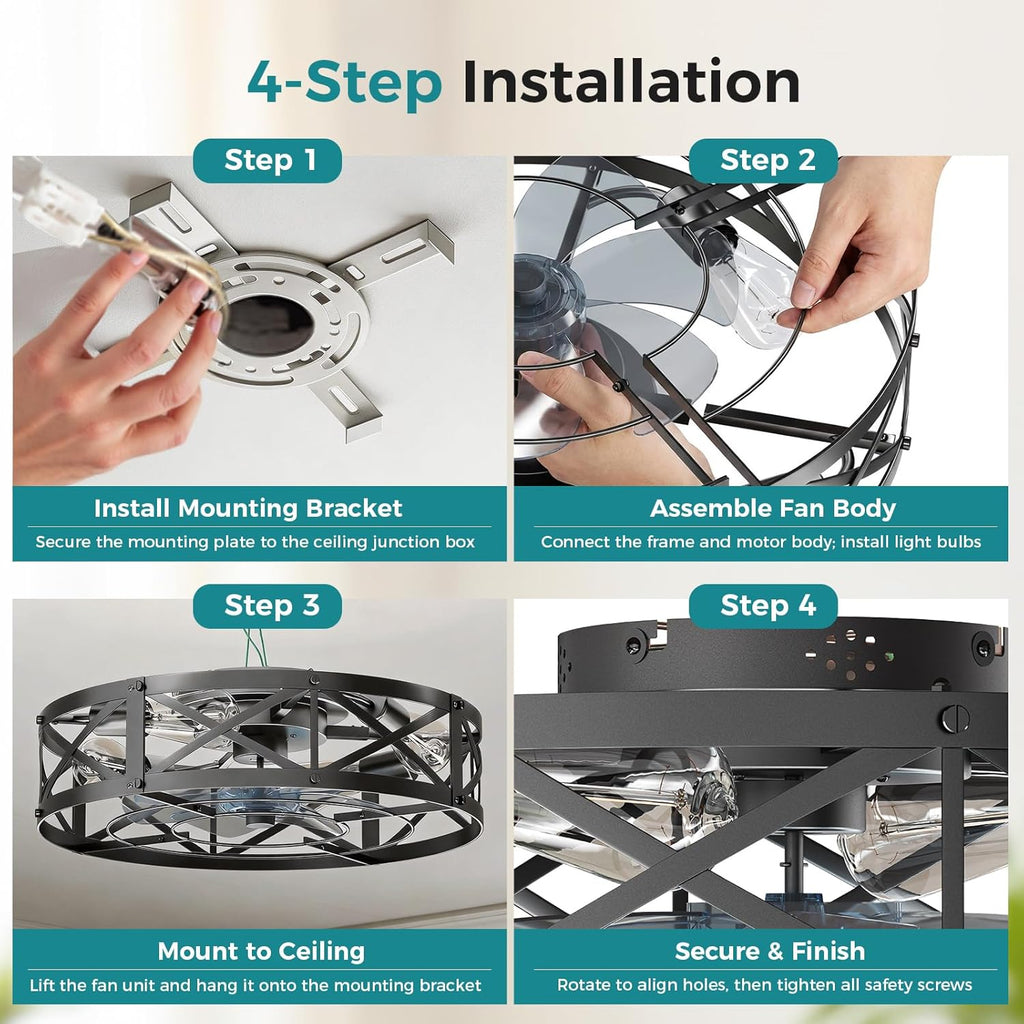 Ceiling Fans with Remote, Farmhouse Ceiling Fan, 19 Inch Low Profile Caged Fandelier, Flush Mount with 6 Wind Speeds, for Bedroom, Kitchen, Living Room, Bulbs Not Included, Black