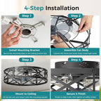 Ceiling Fans with Remote, Farmhouse Ceiling Fan, 19 Inch Low Profile Caged Fandelier, Flush Mount with 6 Wind Speeds, for Bedroom, Kitchen, Living Room, Bulbs Not Included, Black