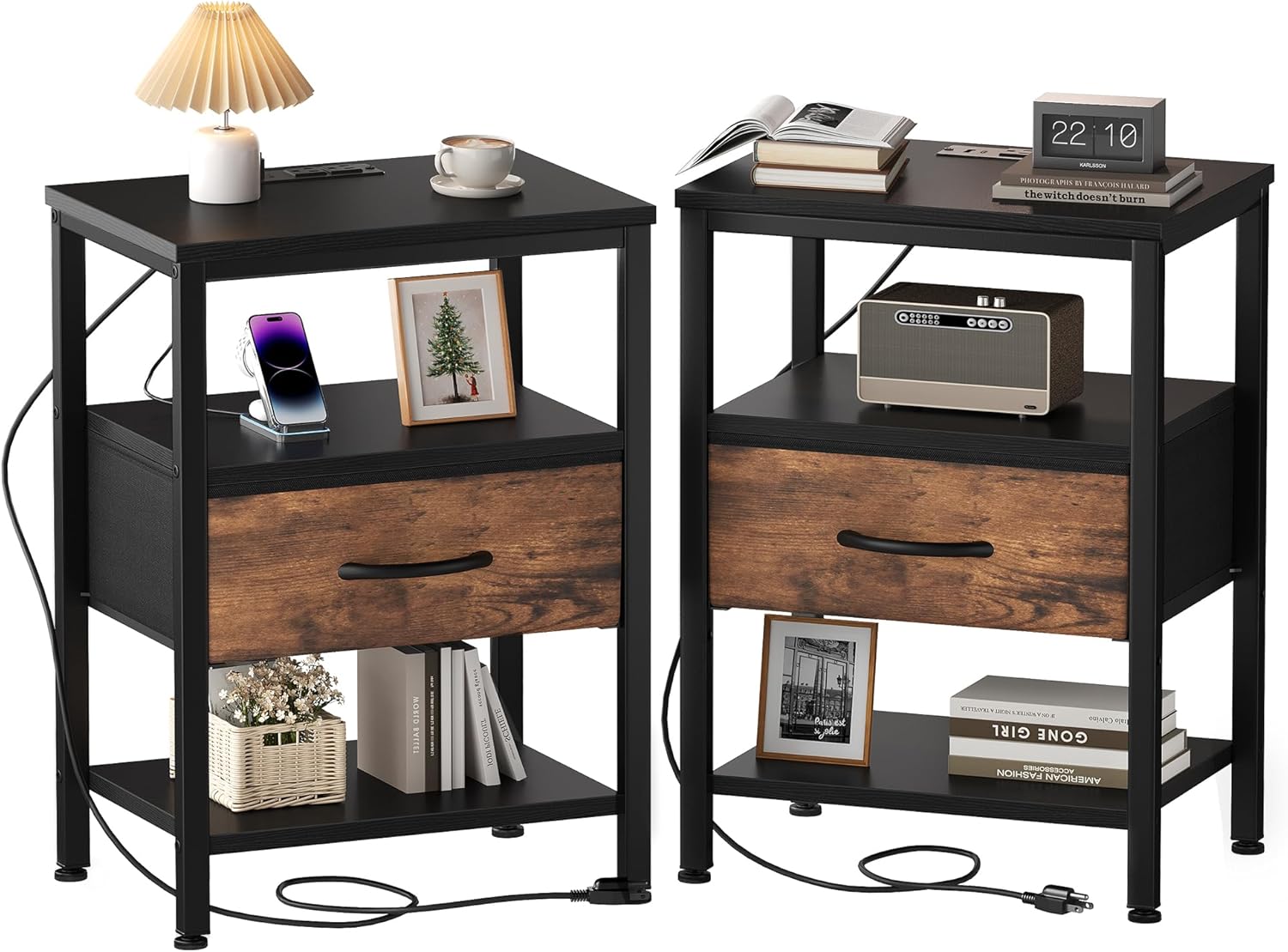 Nightstand with Charging Station, Bedside Table with USB Ports & Type-C, 2 Fabric Drawers Night Stand with Open Shelf, Compact End Table for Bedroom, Rustic Brown