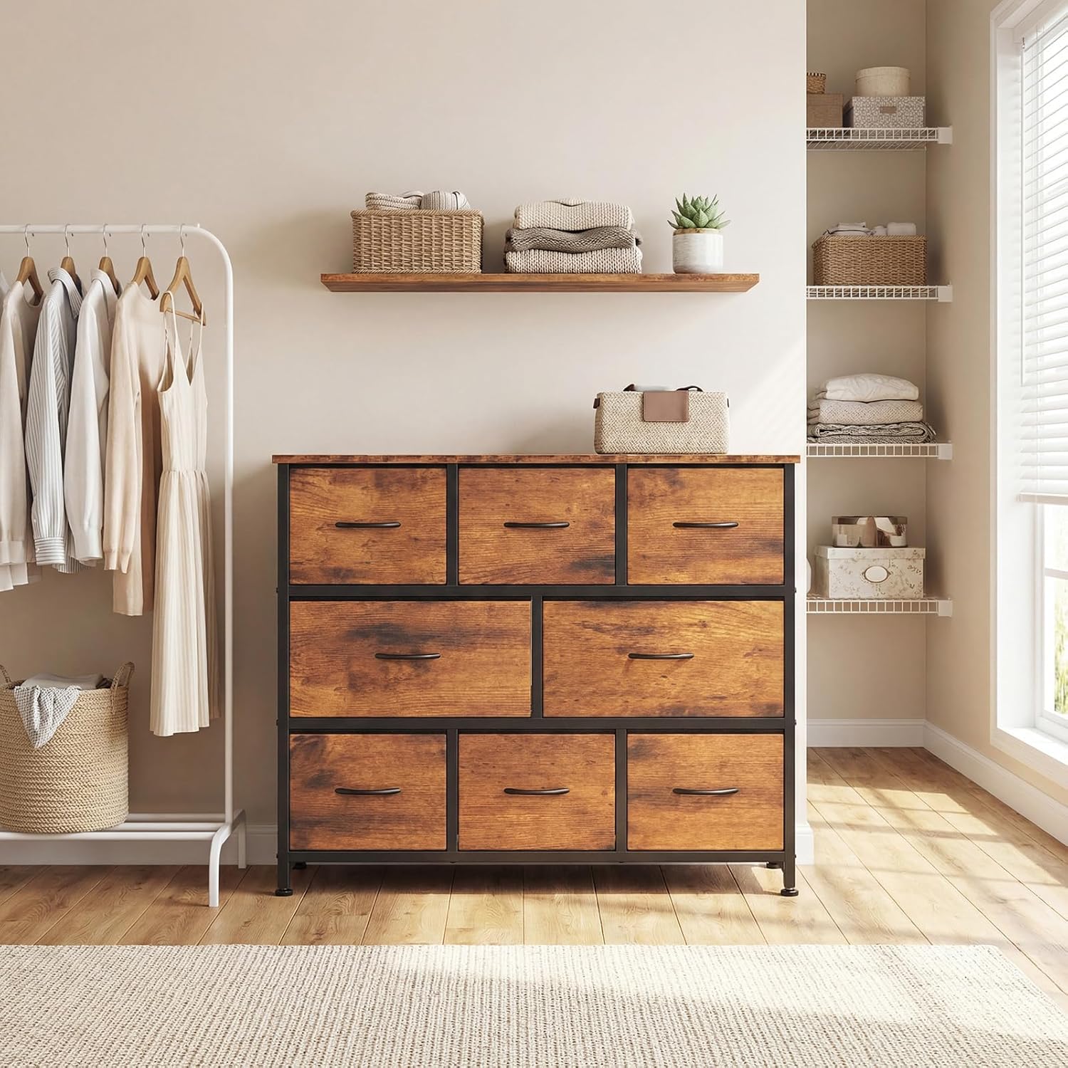 TV Stand, Dresser with 8 Fabric Drawers, Spacious Storage Tower for Closet, TV Stand with Wood Top and Mental Frame, Storage Unit for Living Rooms, Bedroom and Entryway, Brown
