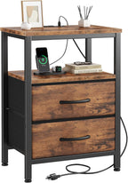 Nightstand Set of 2 with Wireless Charging Station Bed Side Tables with Adjustable Fabric Drawers 3-Tier Storage End Tables Modern Design,Black
