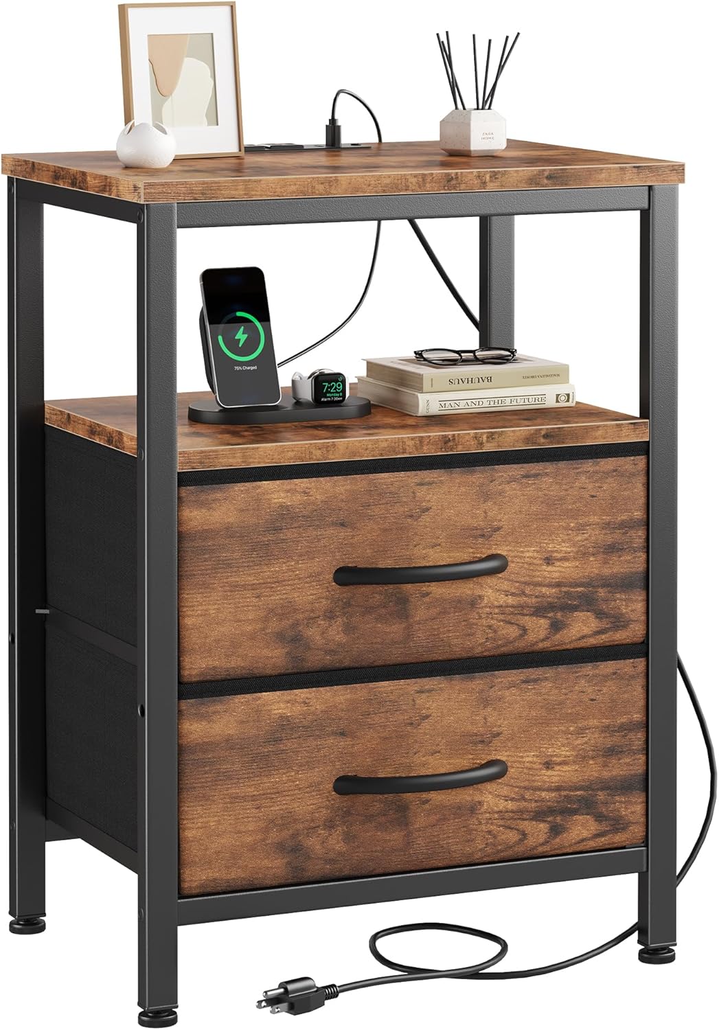 Nightstand Set of 2 with Wireless Charging Station Bed Side Tables with Adjustable Fabric Drawers 3-Tier Storage End Tables Modern Design,Black