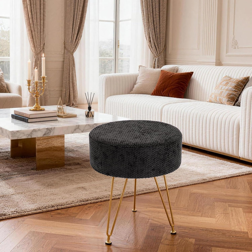 Velvet Vanity Stool, 350LBS Heavy-Duty Makeup Stool with 4CM Thick Cushion, Round Ottoman Footrest Chair for Bedroom, Bathroom, Dressing Table, Easy-Clean Soft Fabric, Black