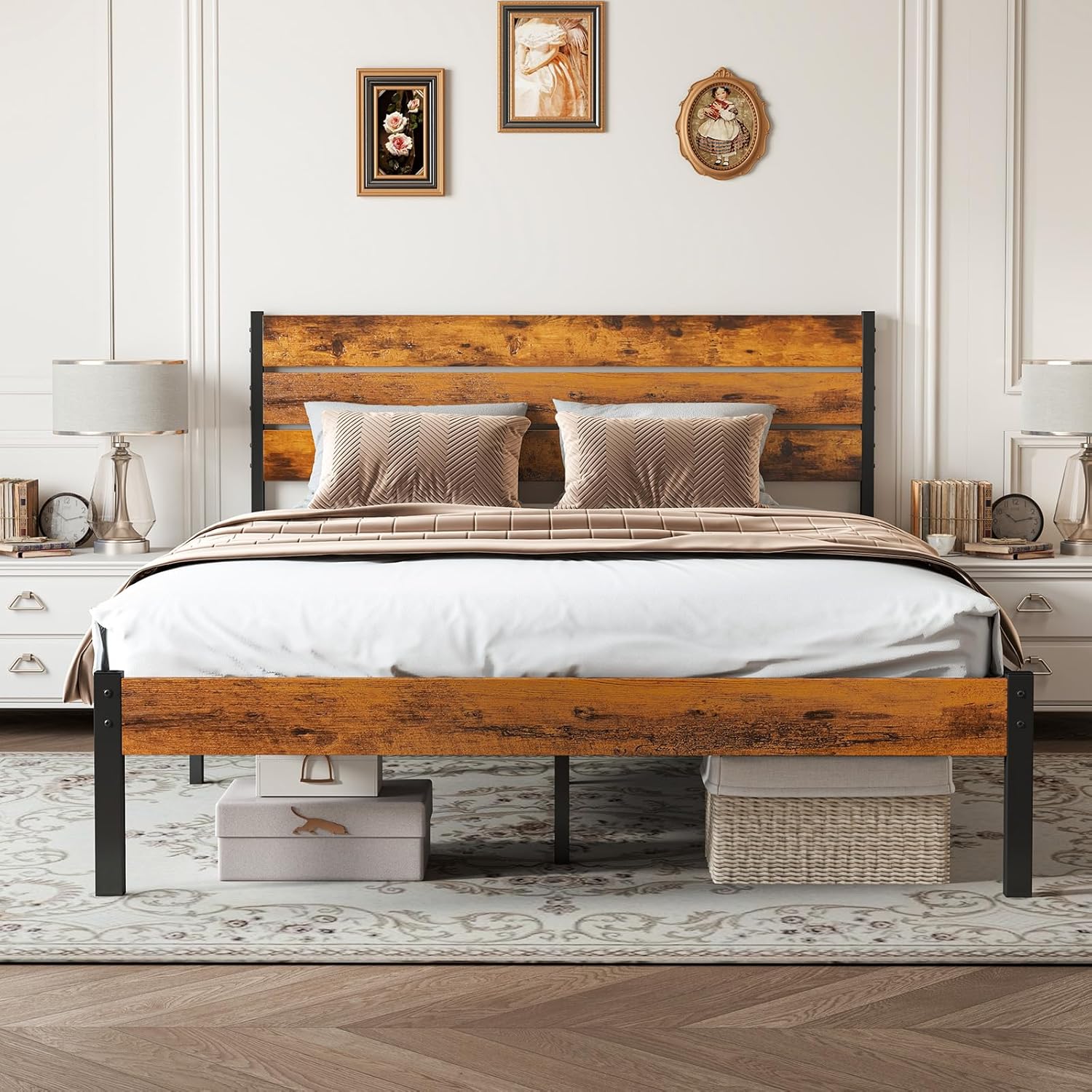 Full Size Bed Frame with Headboard, 800LBS Mattress Foundation with All Sturdy Metal Support, Under Bed Storage, No Box Spring Needed, Easy Assembly, Rust Brown