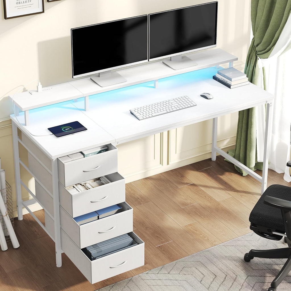 Computer Desk with 4 Drawers,4 Drawer Gaming Desk with Power Outlets and LED Lights,Office Desk for Small Spaces with Monitor Shelf,Writing Desk for Home Office, Bedroom,Study 45 Inch White