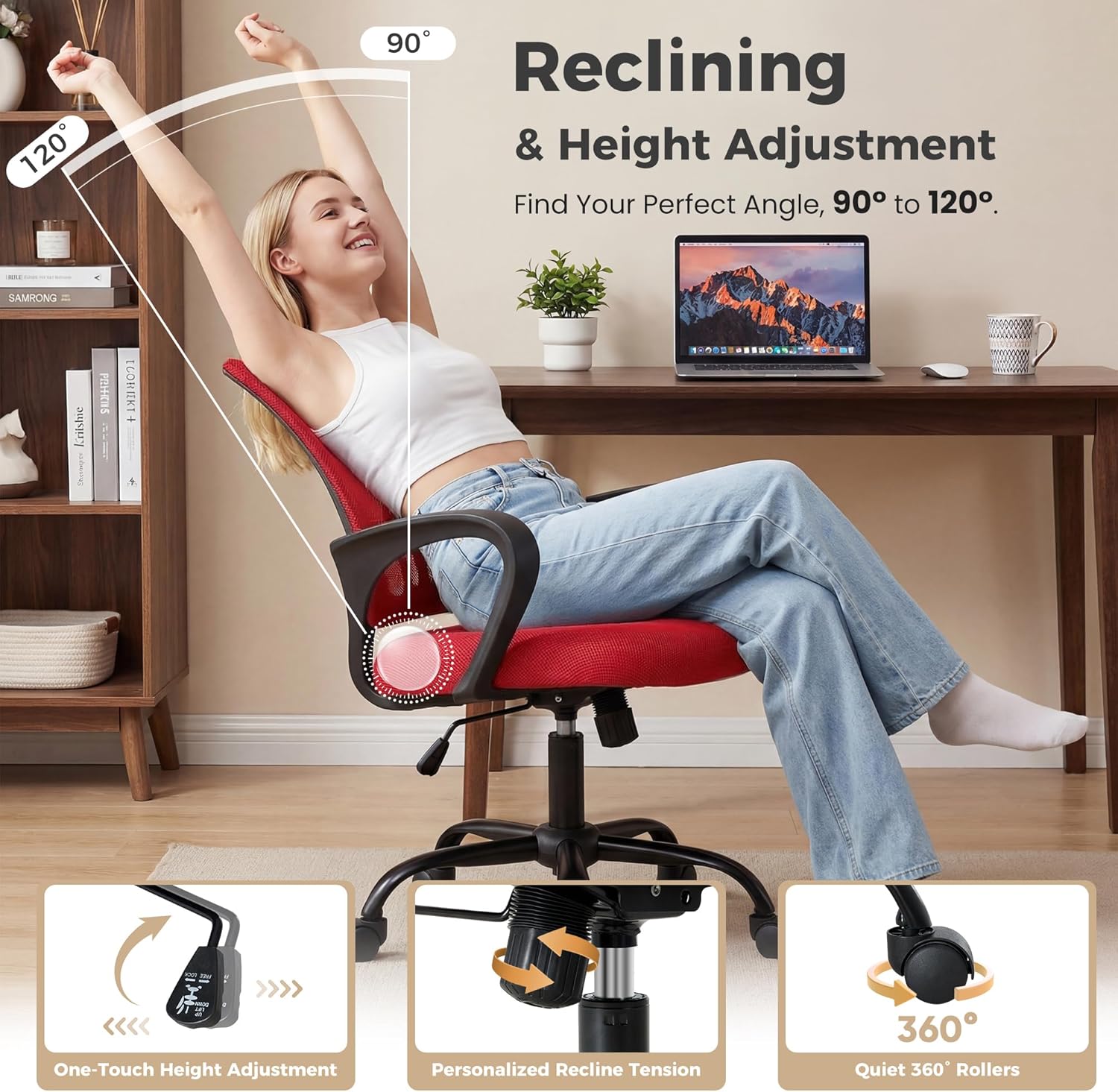 Office Desk Chair - Ergonomic Mid Back with Lumbar Support & Rocking Mode, Height Adjustable with Fixed Armrest, for Home, Computer, Gaming, Conference, Meeting Room, 360?? Swivel, Red, 2 Pack