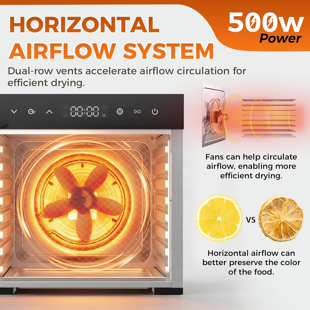 Food Dehydrator Machine, 500W Jerky Dehydrators with 8 Stainless Steel Large Trays, 185??F Temperature Control & 24H Timer Food Dryer for Fruit Meat Herb Dog Treats, Silver