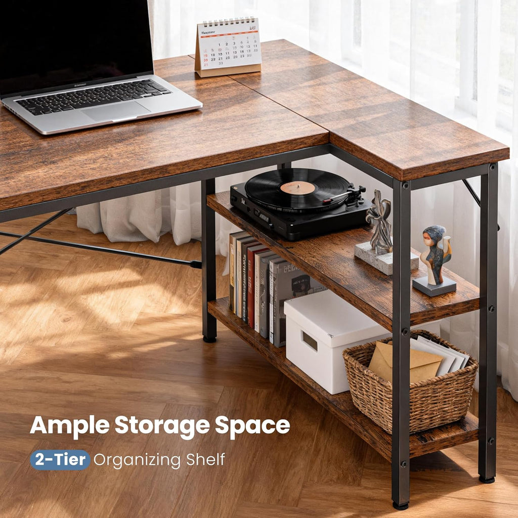 L Shaped Desk 47 Inch Computer Desk Gaming Furniture Corner Desks Home Office PC Table with Reversible Storage Shelves for Writing Working Study Bedroom Dorm, Rustic Brown