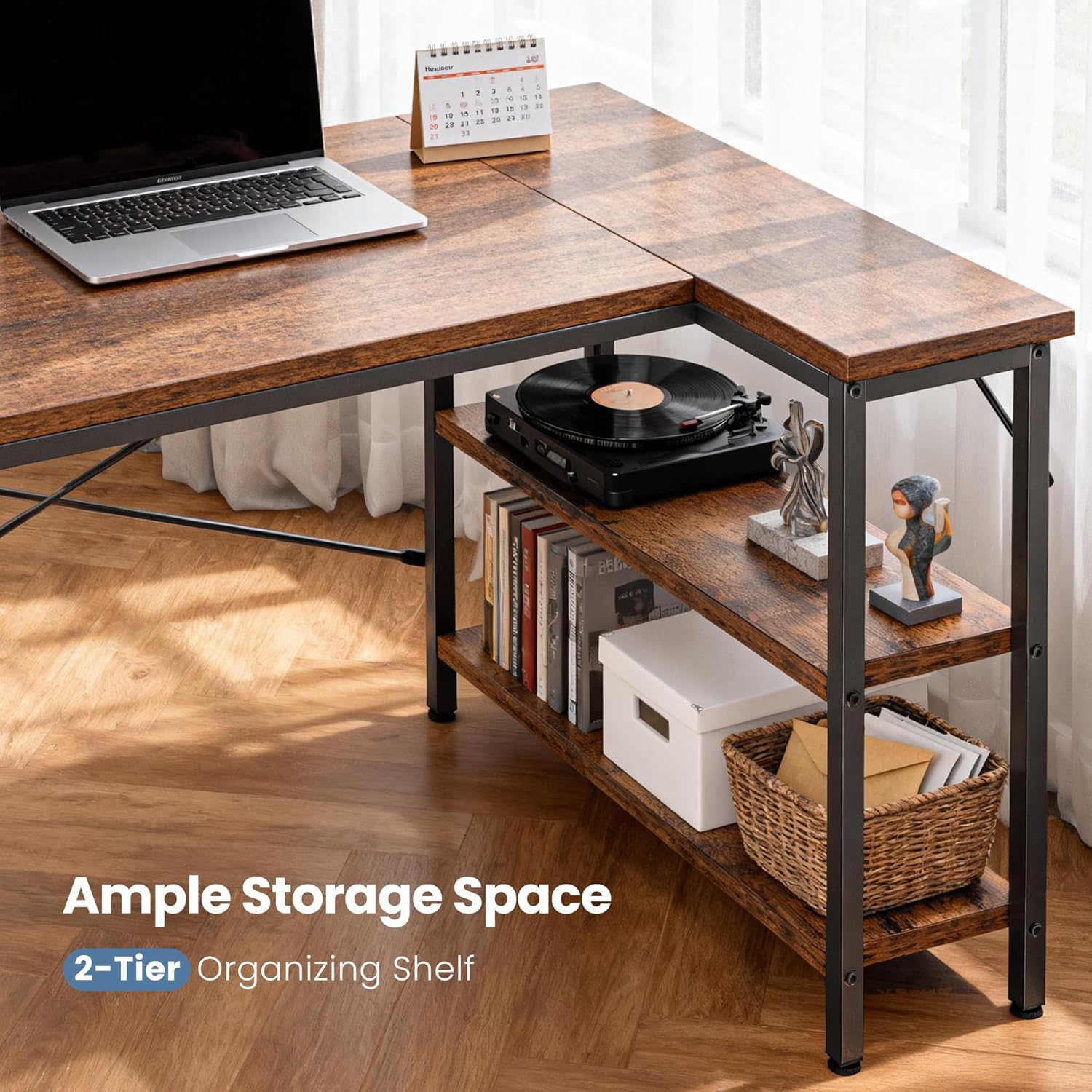 L Shaped Desk 47 Inch Computer Desk Gaming Furniture Corner Desks Home Office PC Table with Reversible Storage Shelves for Writing Working Study Bedroom Dorm, Rustic Brown