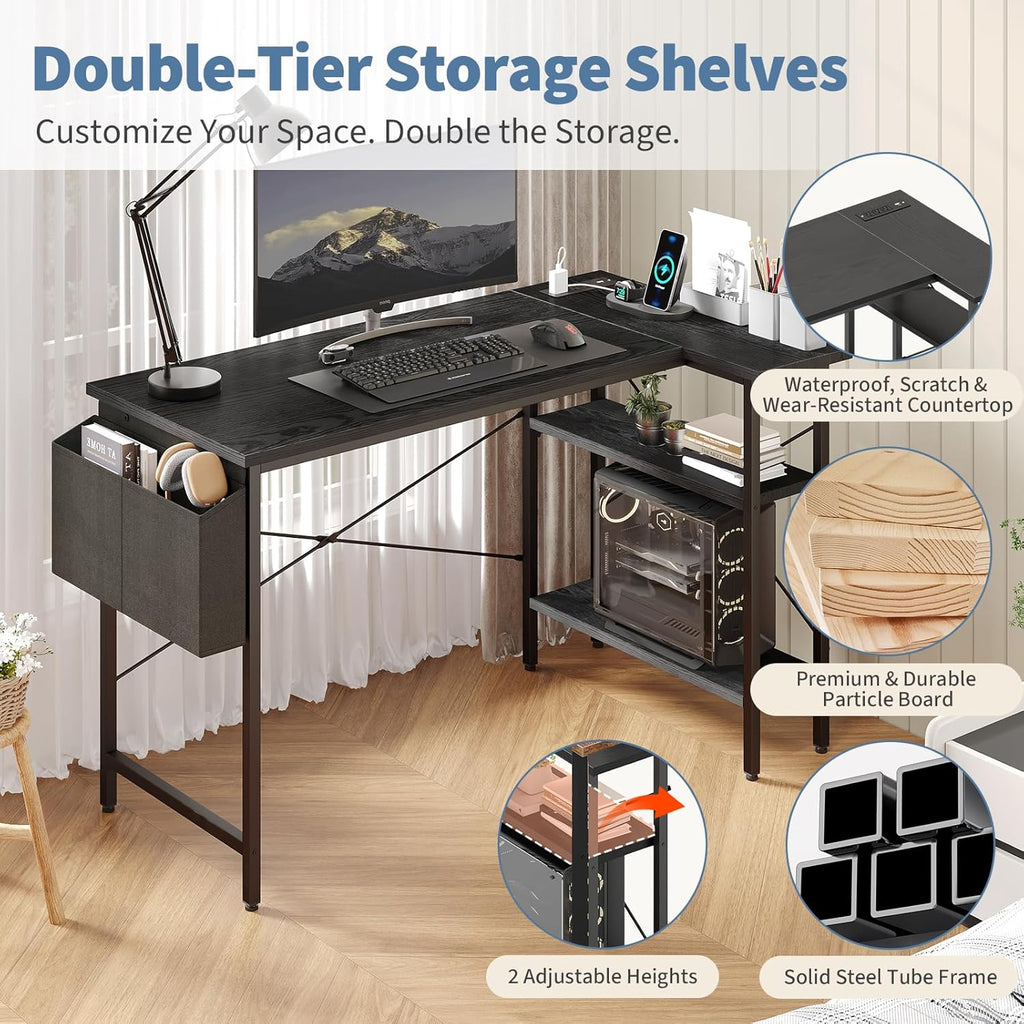Corner Gaming Desk,39 L Shaped Computer Desk with 3AC+2USB+1Type-C Power Strip, Storage Shelves & Side Hanging Fabric Organizer, Black Gaming Workstation for Home Office and Bedroom