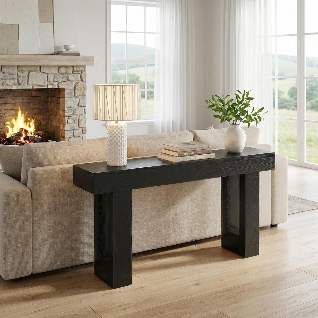 63-Inch Narrow Console Table, Sturdy Wooden Entryway Table with 5.9 Thick Top, Heavy Duty 155lbs Capacity, Space-Saving Sofa Table for Living Room, Hallway, Entrance, Foyer, Black