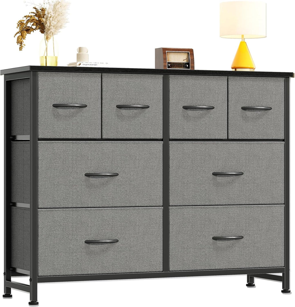 TV Stand, Dresser with 8 Fabric Drawers, Spacious Storage Tower for Closet, TV Stand with Wood Top and Mental Frame, Storage Unit for Living Rooms, Bedroom and Entryway, Brown