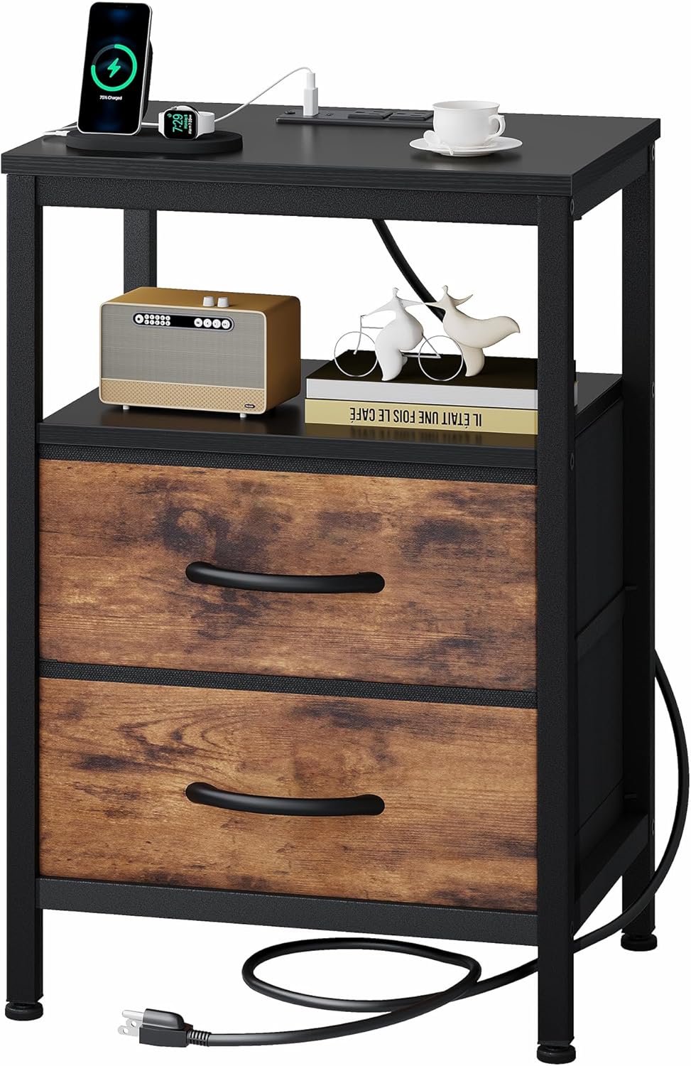 Nightstand with Charging Station, Bedside Tables with USB Ports and Fabric Drawer, Small Night Stand with Open Adjustable Shelf, Compact End Table for Bedroom, Black