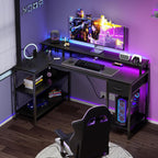 47?? Gaming Desk with USB Charging Ports & LED Lights, Reversible L Shaped Desks Computer Corner Gamer Table with Power Outlets Monitor Stand Storage Shelves for Home Office Small Space, Black