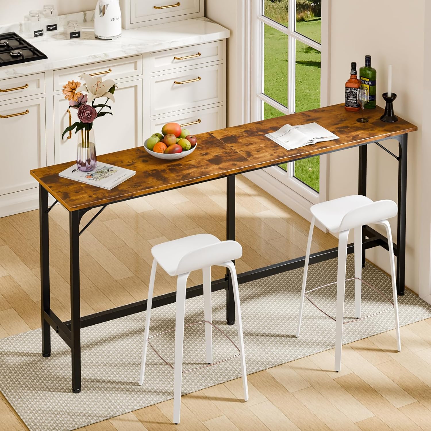 71 inch Bar Table, Counter Bar Height Pub Table, Rectangular High Top Coffee Table, Narrow Long Kitchen & Dining Tables with Triangular Reinforced Structures and Centre Column Support, Rust