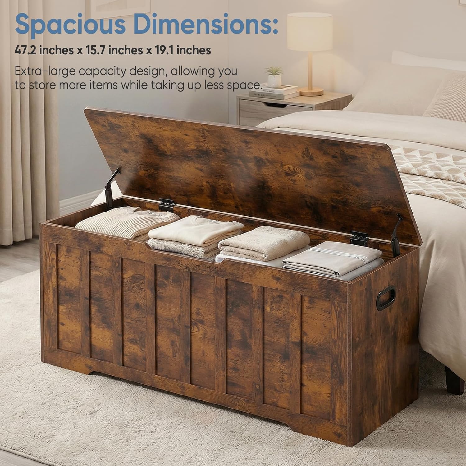 47.2 Extra Large Storage Bench with 2 Safety Gel-Buffered Hinges, Blanket Chest for Bedroom Living Room, Support 150lbs, 2 U-Shaped Cut-Out Pull, Non-Slip Base, Rustic Wood