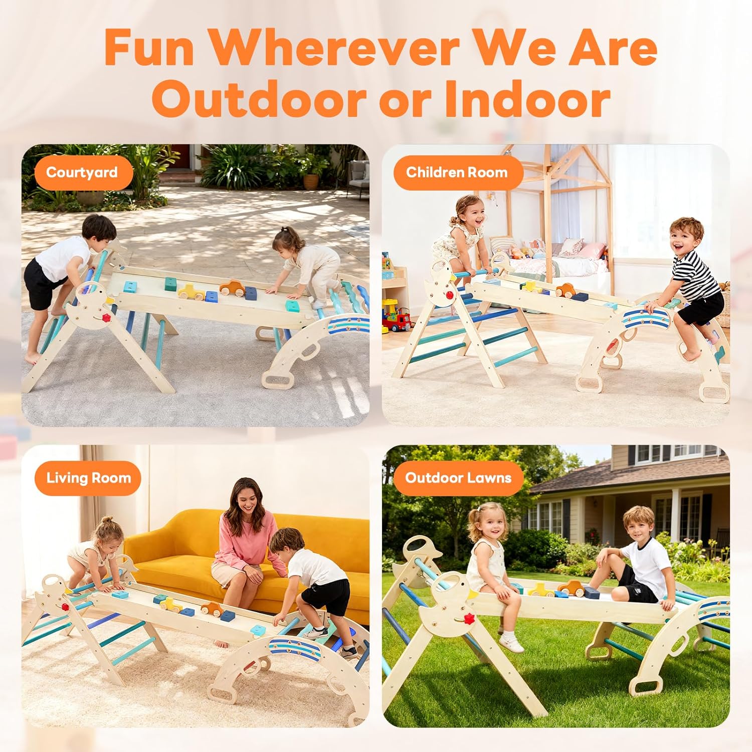 Pikler Triangle Set, Toddler Climbing Toys and Play Structure Indoor, 9-in-1 Wooden Montessori Climbing Set with Arch, Ramp and Ladder, Foldable Baby Jungle Gym