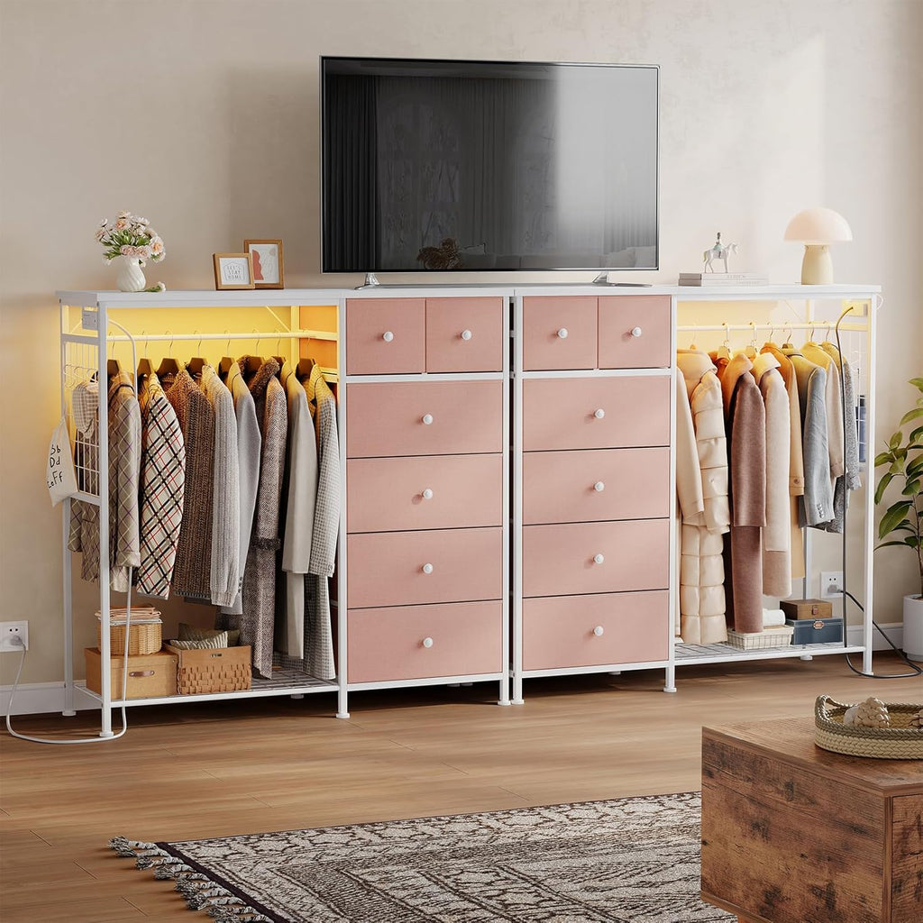 Dresser for Bedroom with Hanging Rack, 6 Drawer Fabric Dresser with Charging Station and LED Lights, Closet Organizer & Storage Tower for Living Room, Entryway, Apartment, Pink