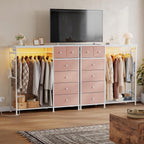 Dresser for Bedroom with Hanging Rack, 6 Drawer Fabric Dresser with Charging Station and LED Lights, Closet Organizer & Storage Tower for Living Room, Entryway, Apartment, Pink
